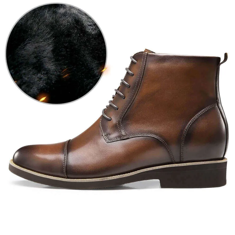 8CM / 3.15 Inches - CMR CHAMARIPA  Height Increasing Boots Brown Leather Elevator Shoes Warm Fur Lined Winter Boots