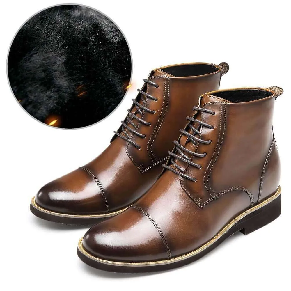 8CM / 3.15 Inches - CMR CHAMARIPA  Height Increasing Boots Brown Leather Elevator Shoes Warm Fur Lined Winter Boots