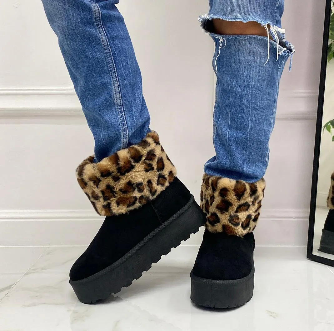 Agathe -Stivaletto Eskimo Boots Comodo Pelliccia Gomma Alta Casual Caldo Nero