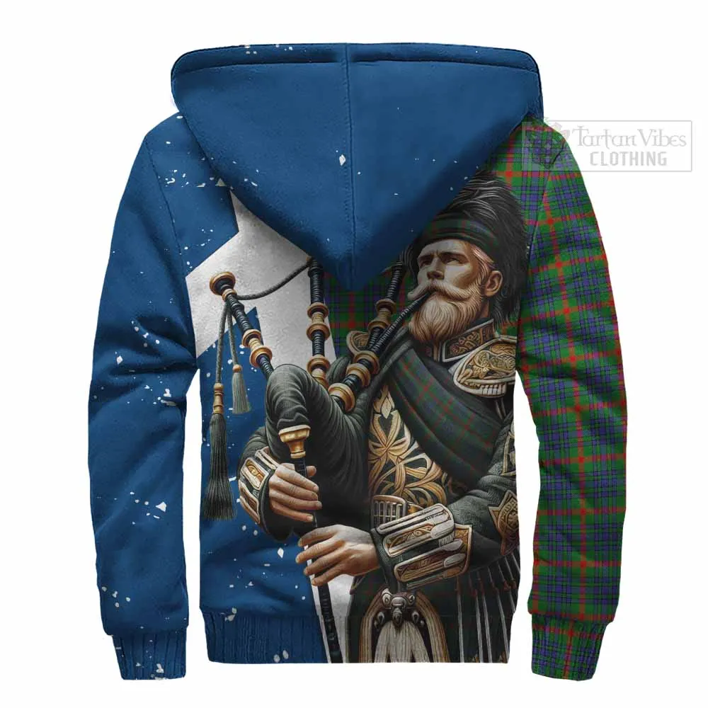 Aiton Tartan Sherpa Hoodie with Family Crest Scottish Bagpiper Vibes