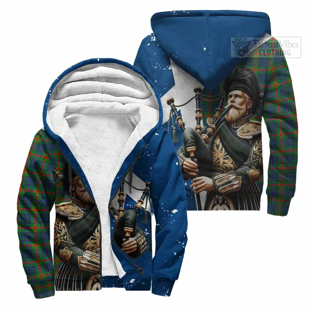 Aiton Tartan Sherpa Hoodie with Family Crest Scottish Bagpiper Vibes