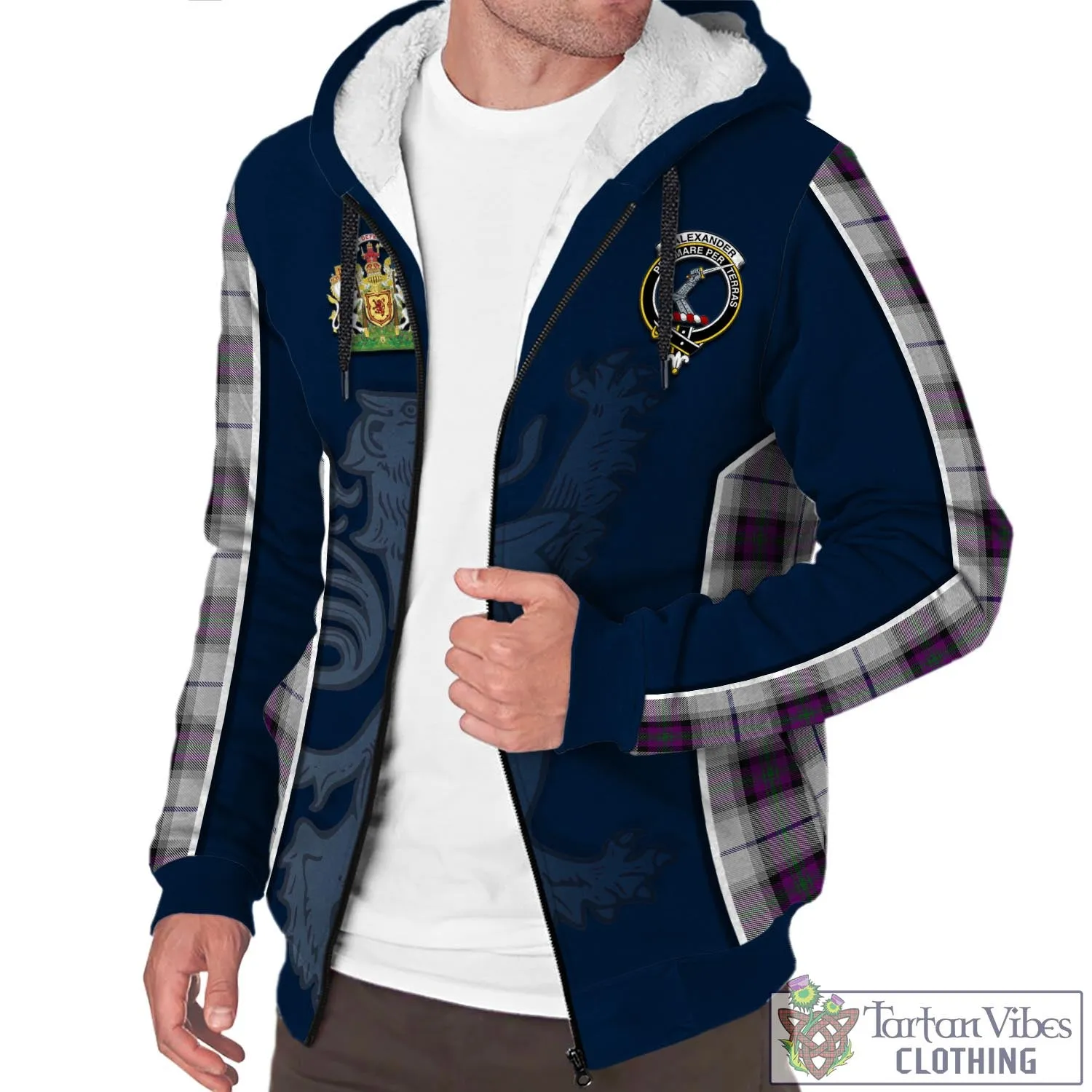 Alexander of Menstry Dress Tartan Sherpa Hoodie with Family Crest and Lion Rampant Vibes Sport Style