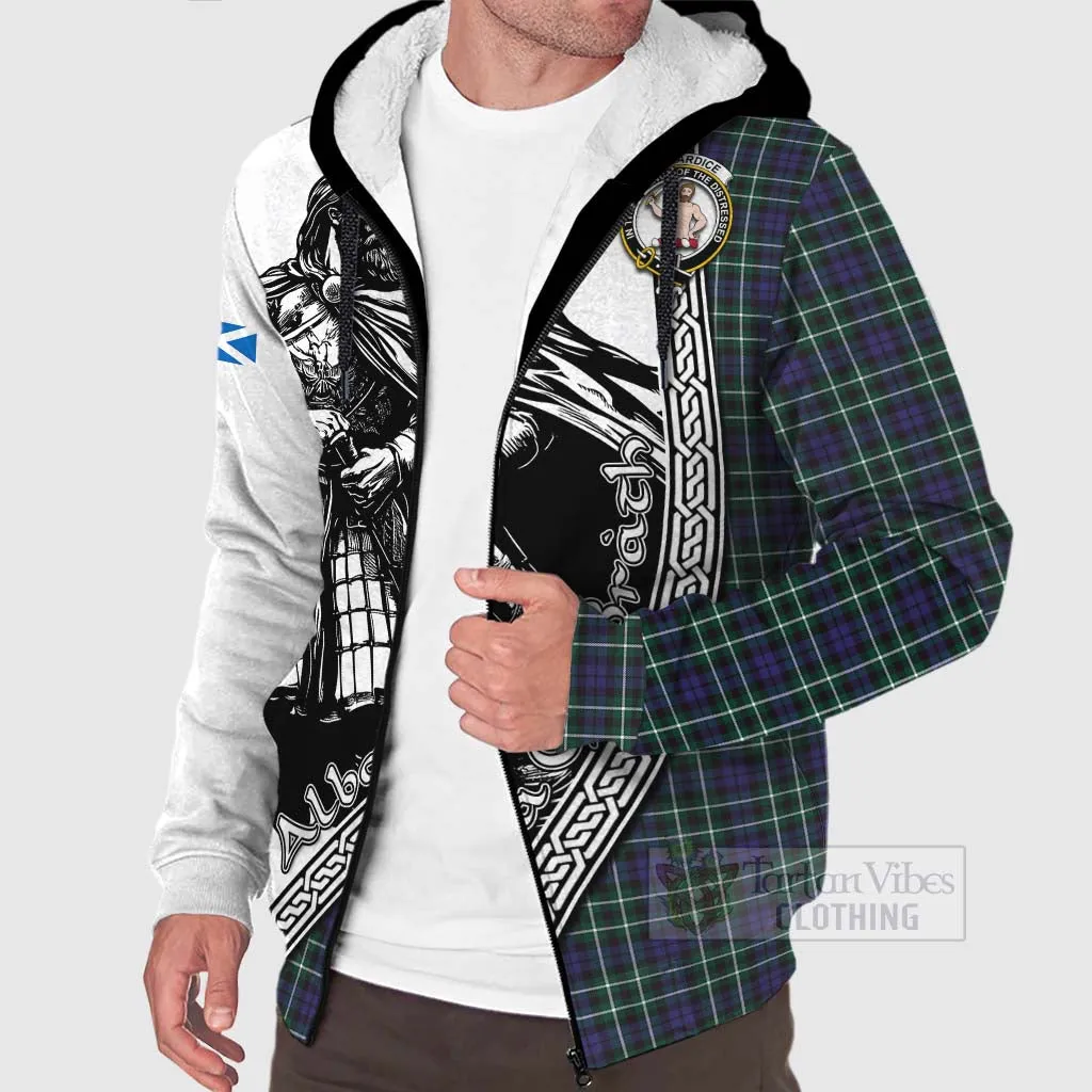 Allardice Tartan Clan Crest Sherpa Hoodie with Highlander Warrior Celtic Style