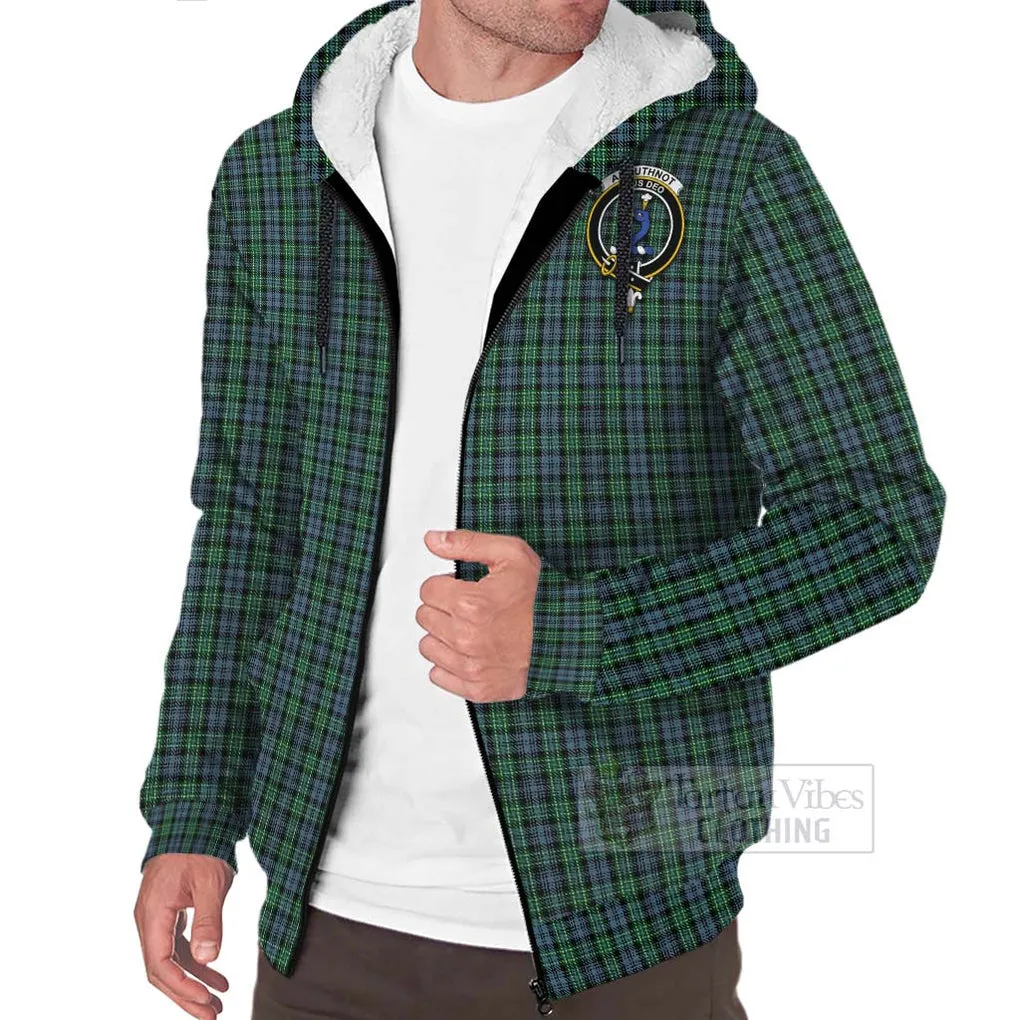 Arbuthnot Tartan Sherpa Hoodie with Family Crest and Bearded Skull Holding Bottles of Whiskey