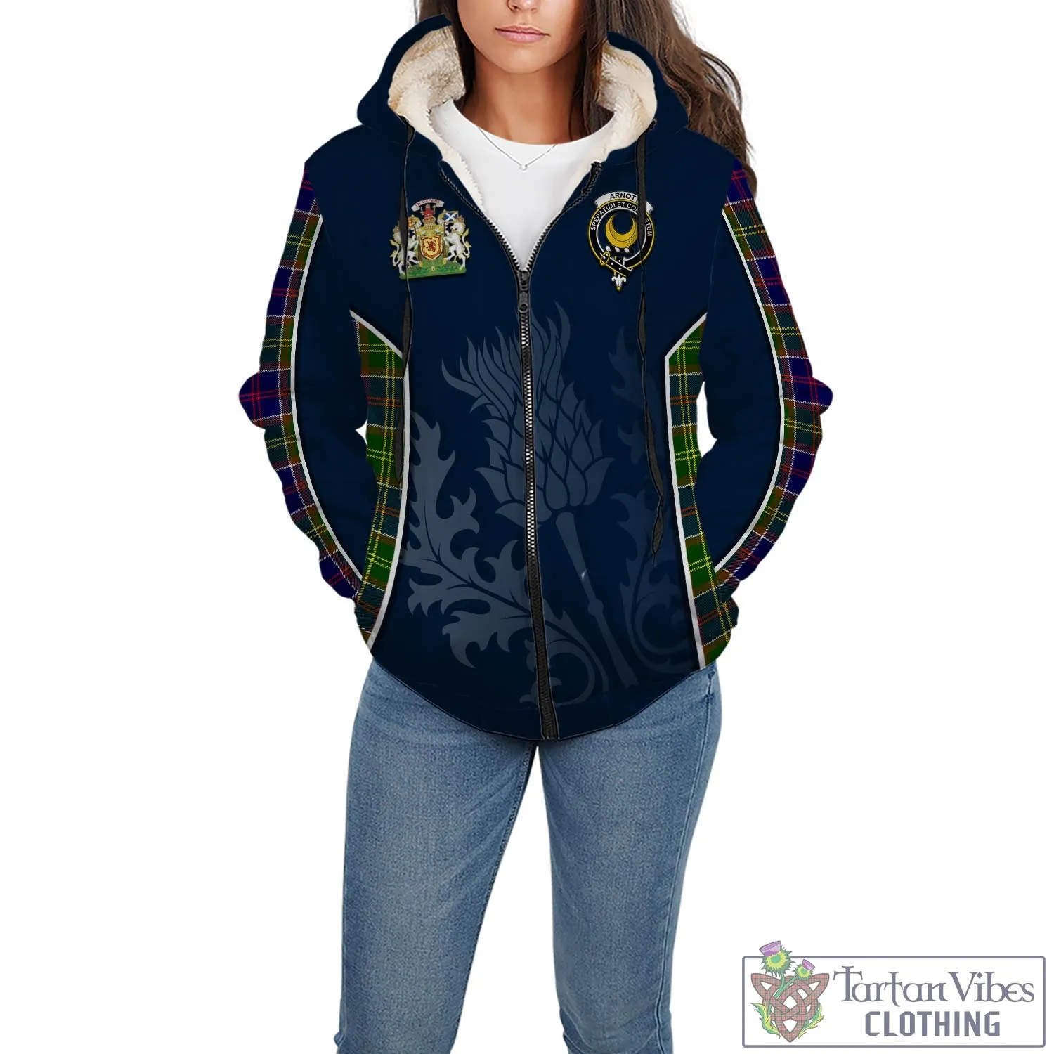 Arnott Tartan Sherpa Hoodie with Family Crest and Scottish Thistle Vibes Sport Style