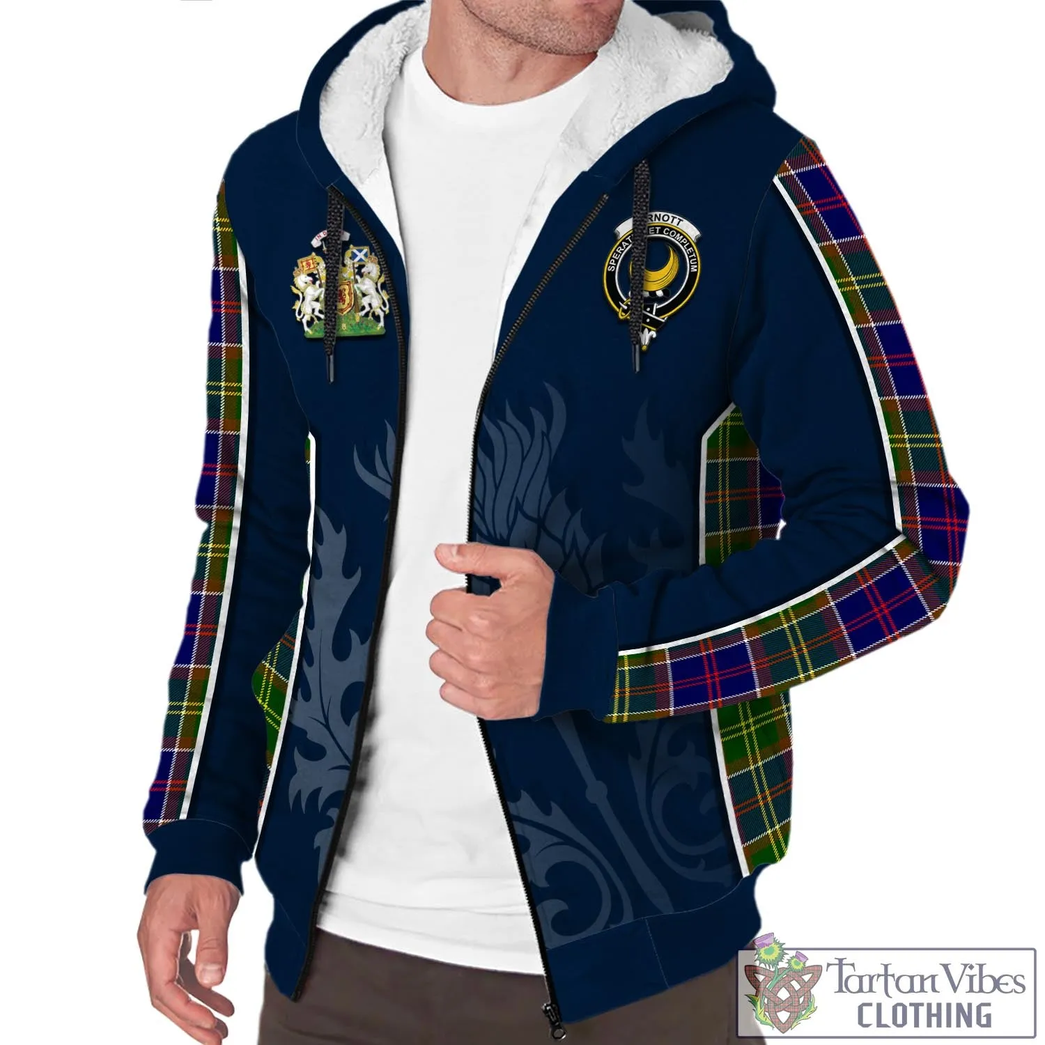 Arnott Tartan Sherpa Hoodie with Family Crest and Scottish Thistle Vibes Sport Style