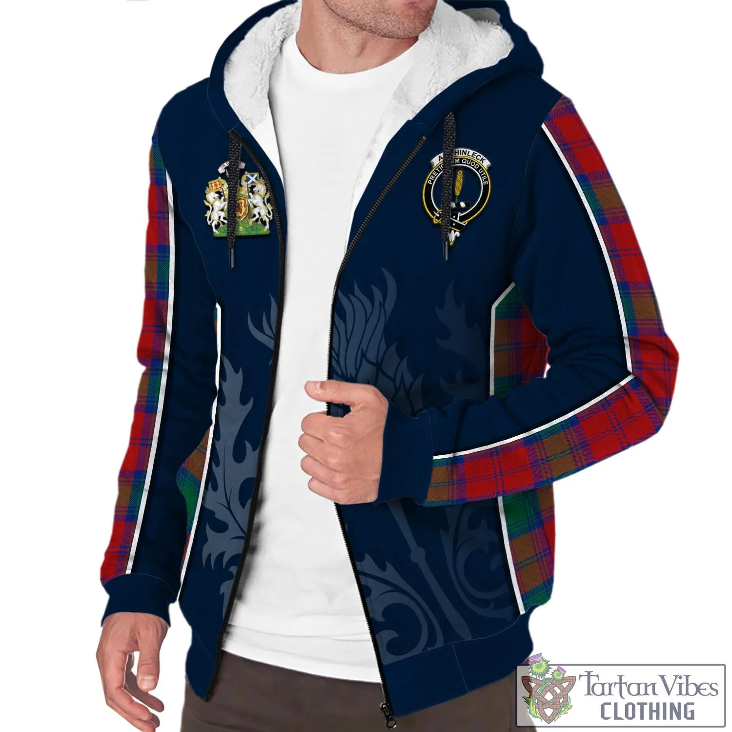 Auchinleck (Affleck) Tartan Sherpa Hoodie with Family Crest and Scottish Thistle Vibes Sport Style