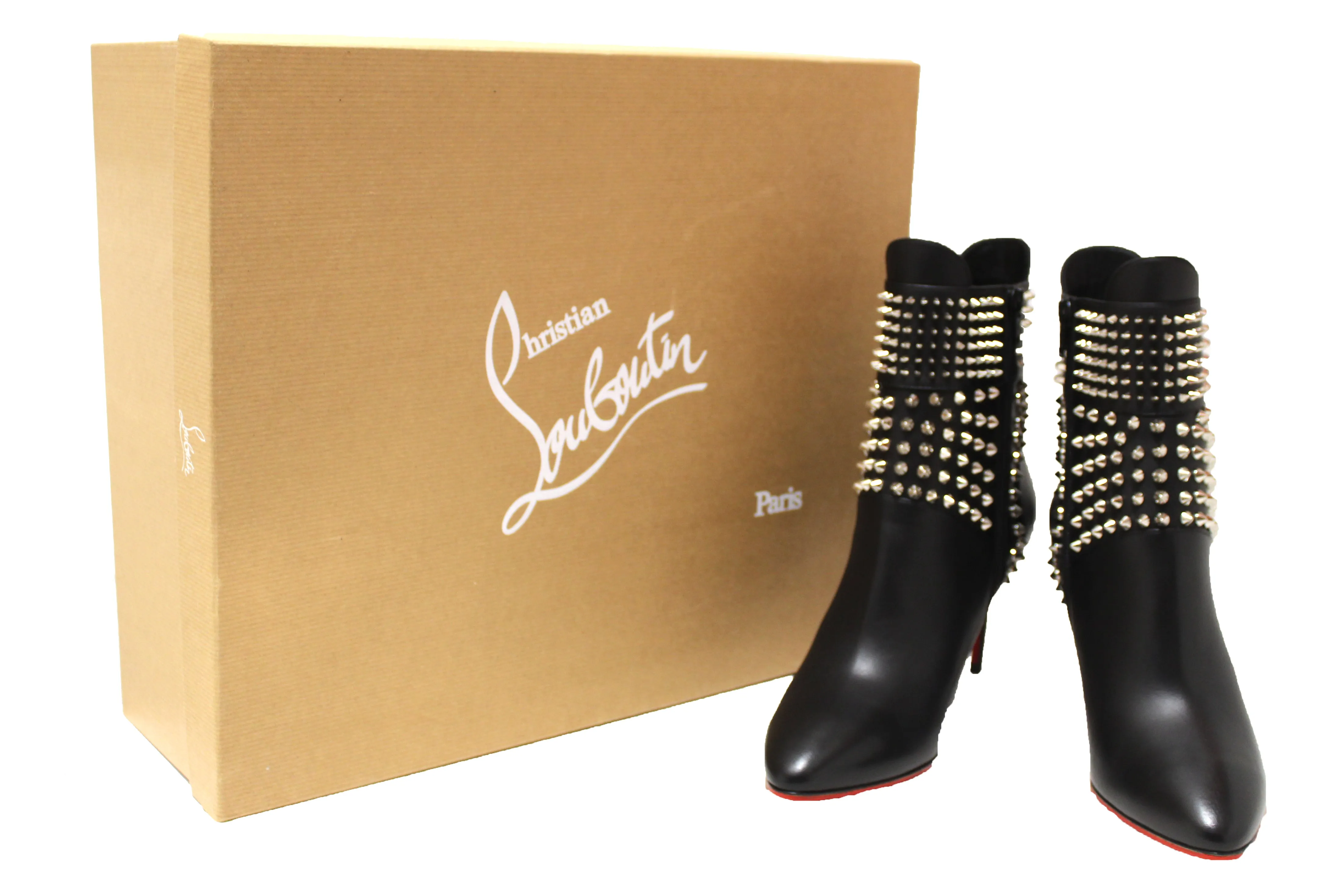 Authentic NEW Christian Louboutin Black Calf Leather Hongroise 85 Studded Boots Size 37