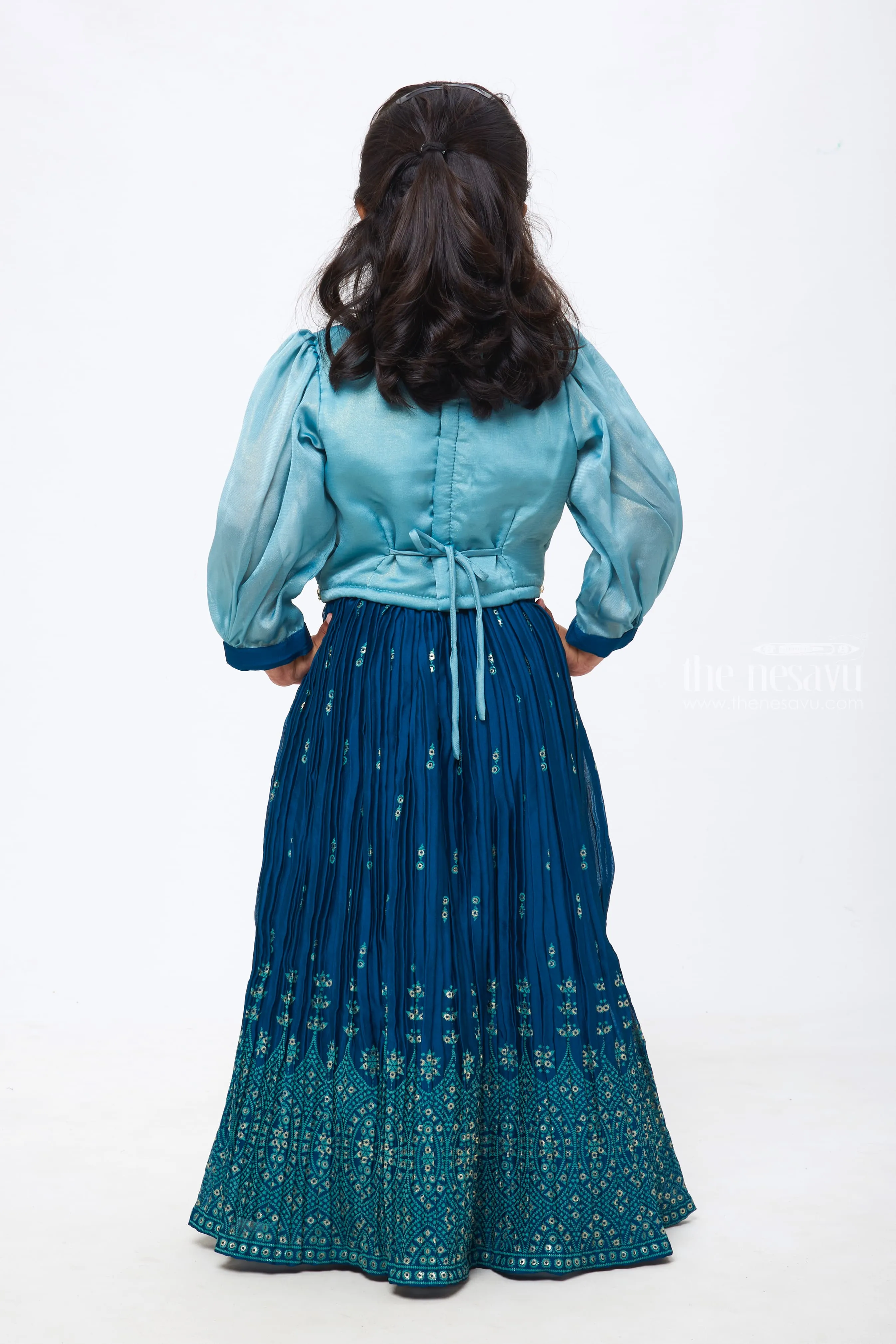 Azure Allure: Girls Teal Blue Pleated Gown with Crystal-Studded Blouse