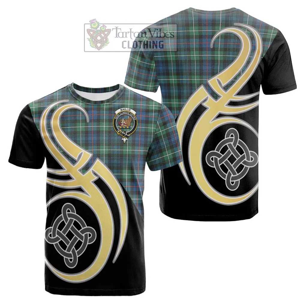 Baillie Ancient Tartan Cotton T-shirt with Family Crest and Celtic Symbol Style