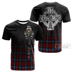 Baillie of Polkemmet Red Tartan Cotton T-shirt Featuring Alba Gu Brath Family Crest Celtic Inspired