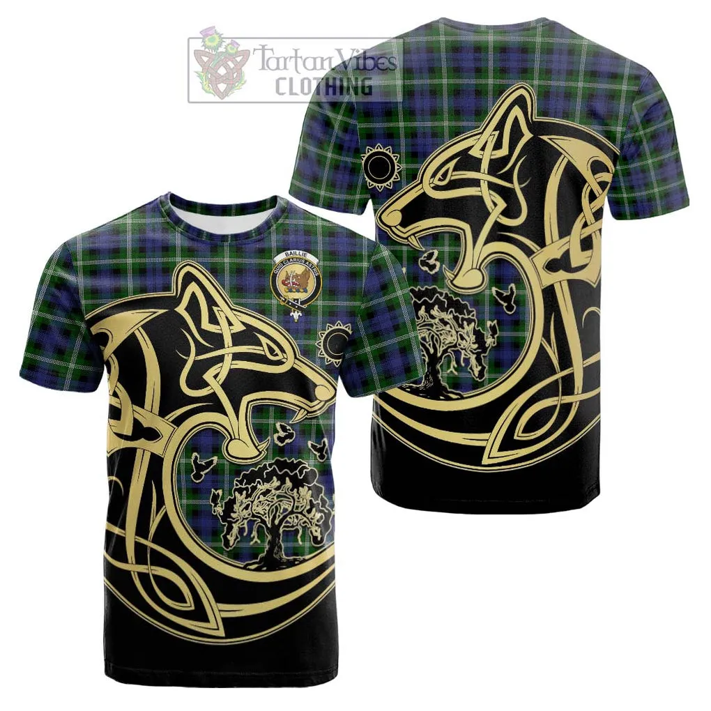 Baillie of Polkemmet Tartan Cotton T-shirt with Family Crest Celtic Wolf Style