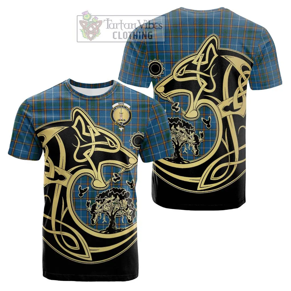 Bain Tartan Cotton T-shirt with Family Crest Celtic Wolf Style