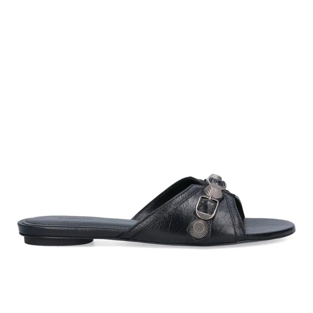 Balenciaga Women's Cagole Arena Lambskin Leather Flat Sandal in Black