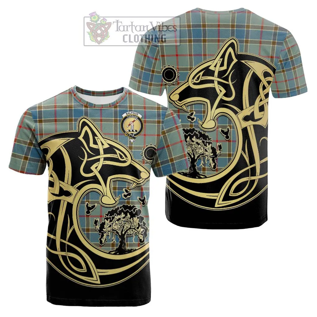 Balfour Blue Tartan Cotton T-shirt with Family Crest Celtic Wolf Style