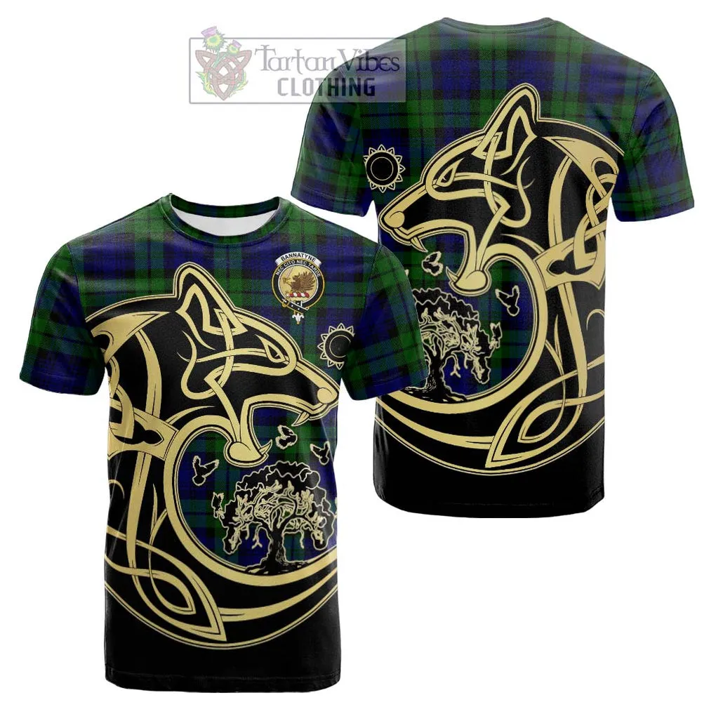 Bannatyne Tartan Cotton T-shirt with Family Crest Celtic Wolf Style