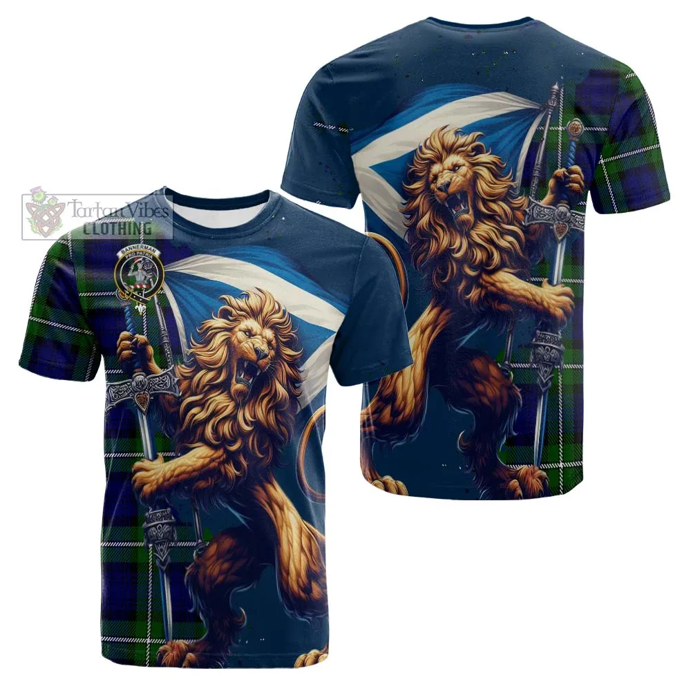 Bannerman Tartan Family Crest Cotton T-shirt with Scottish Majestic Lion