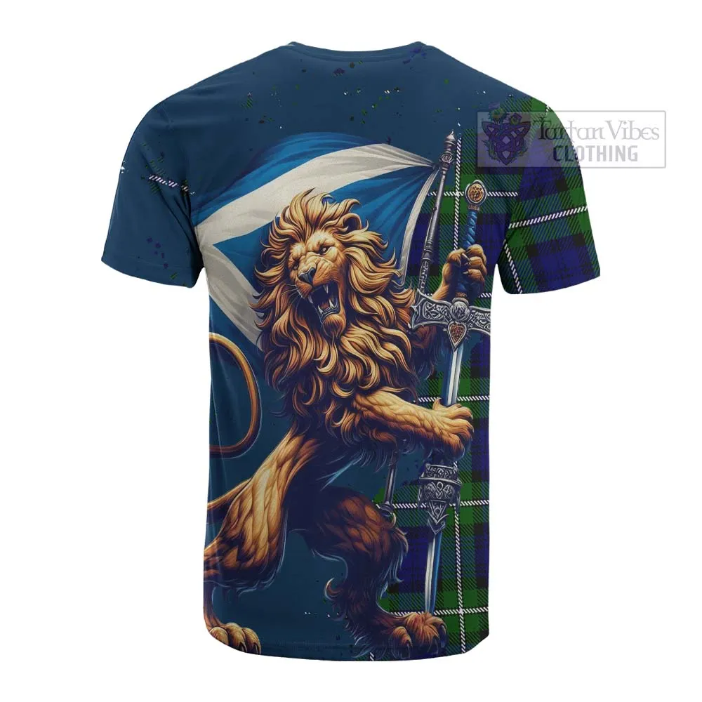 Bannerman Tartan Family Crest Cotton T-shirt with Scottish Majestic Lion