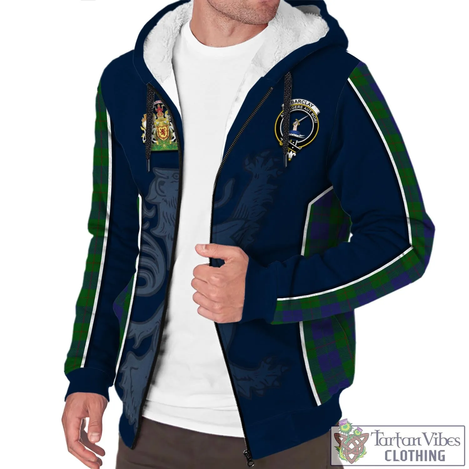 Barclay Tartan Sherpa Hoodie with Family Crest and Lion Rampant Vibes Sport Style