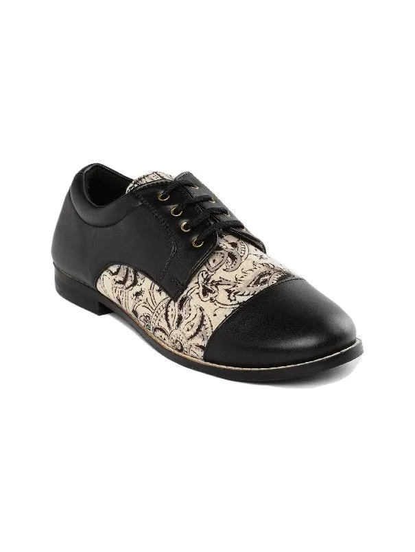 Black & Beige Kalamkari Block Printed Derby Shoes