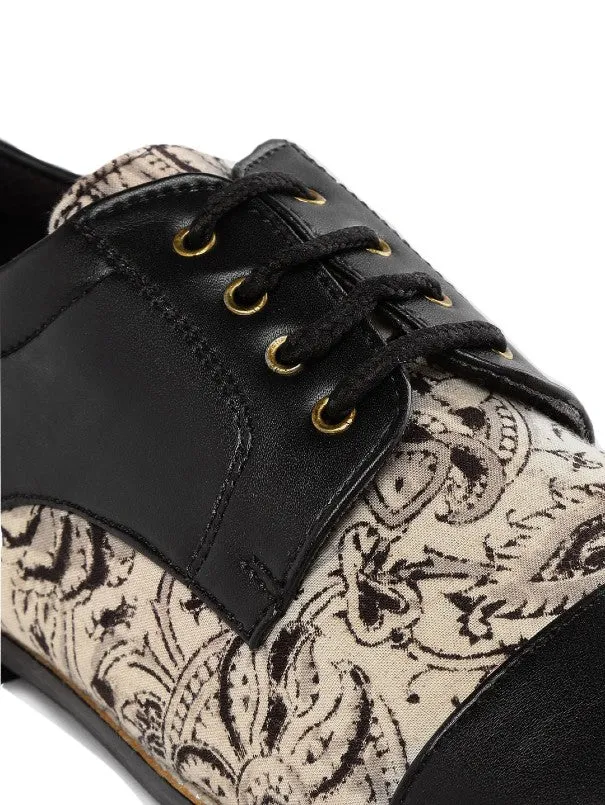 Black & Beige Kalamkari Block Printed Derby Shoes