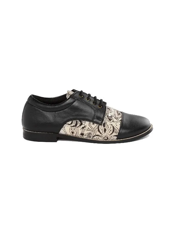 Black & Beige Kalamkari Block Printed Derby Shoes