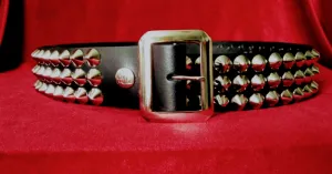 Black Leather Belt w/ 3 Rows of Silver Cone Studs