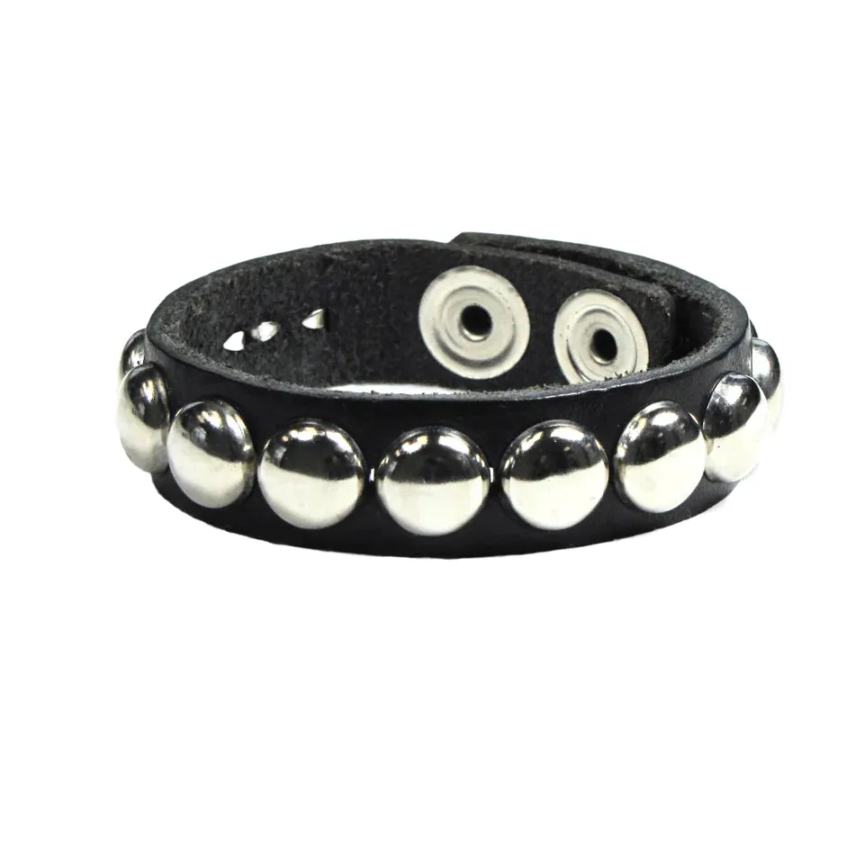 Black Leather Bracelet w/ 1 Row of Silver Dome Studs