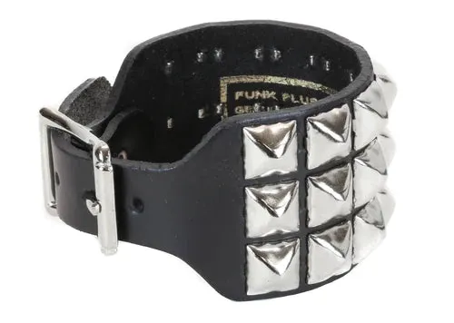 Black Leather Bracelet w/ 3 Rows of Silver Pyramid Studs