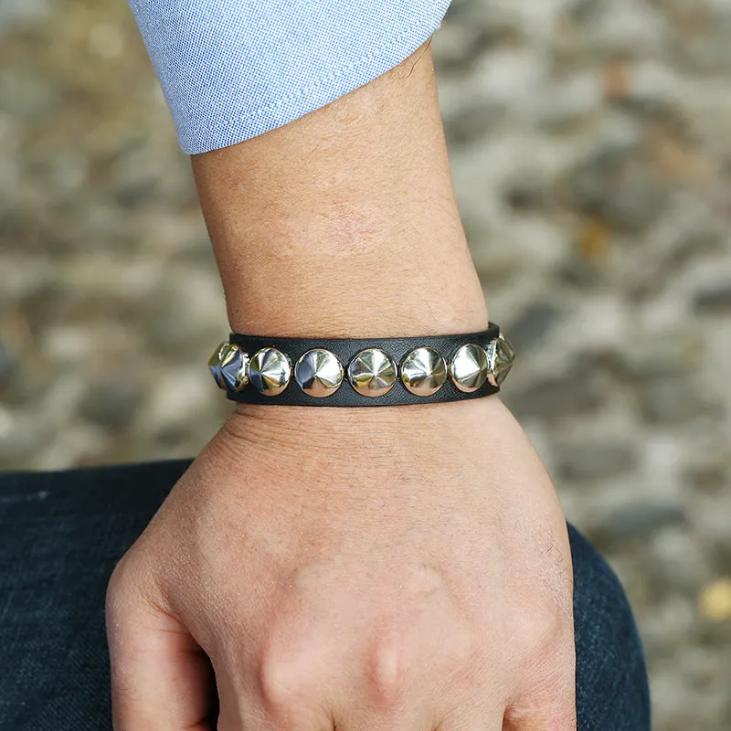 Black Leather Bracelet w/ Round Silver Studs