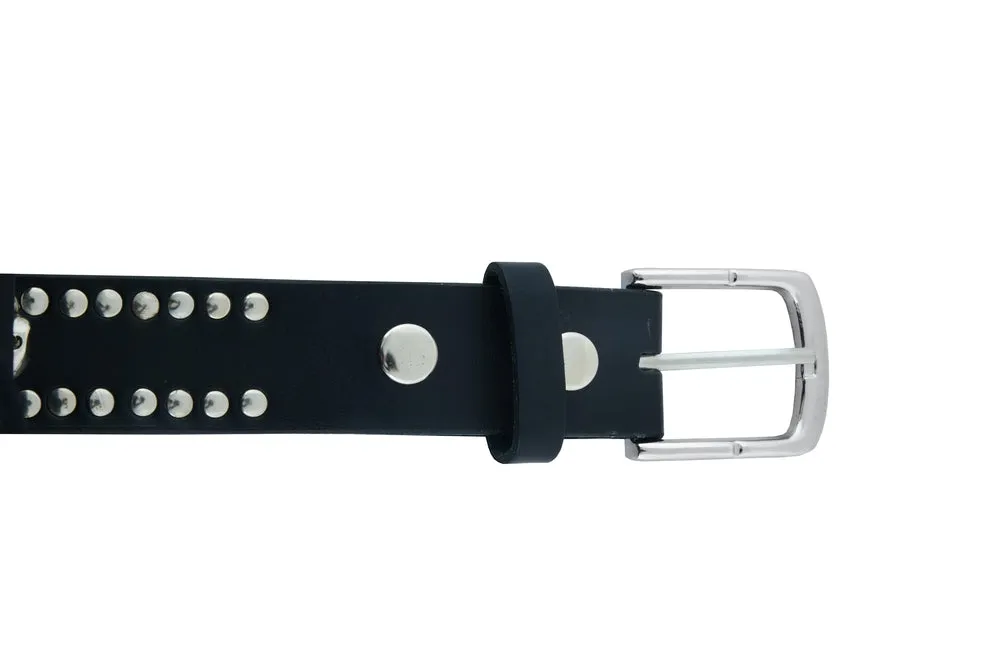 BLT Black Leather Belt with Silver Studs and Skulls