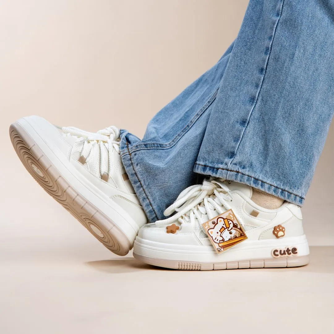 Boba Lovin Kitty Chunky White Sneakers - Women's