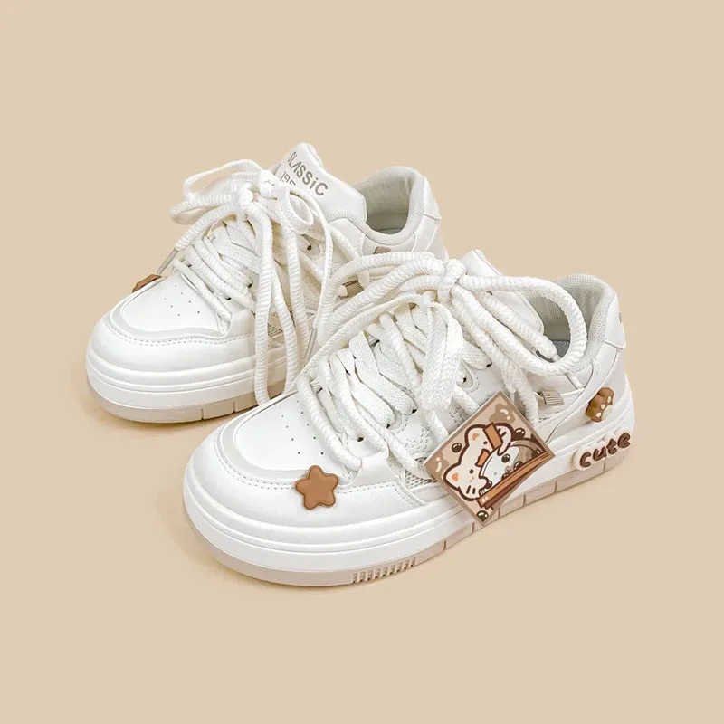 Boba Lovin Kitty Chunky White Sneakers - Women's