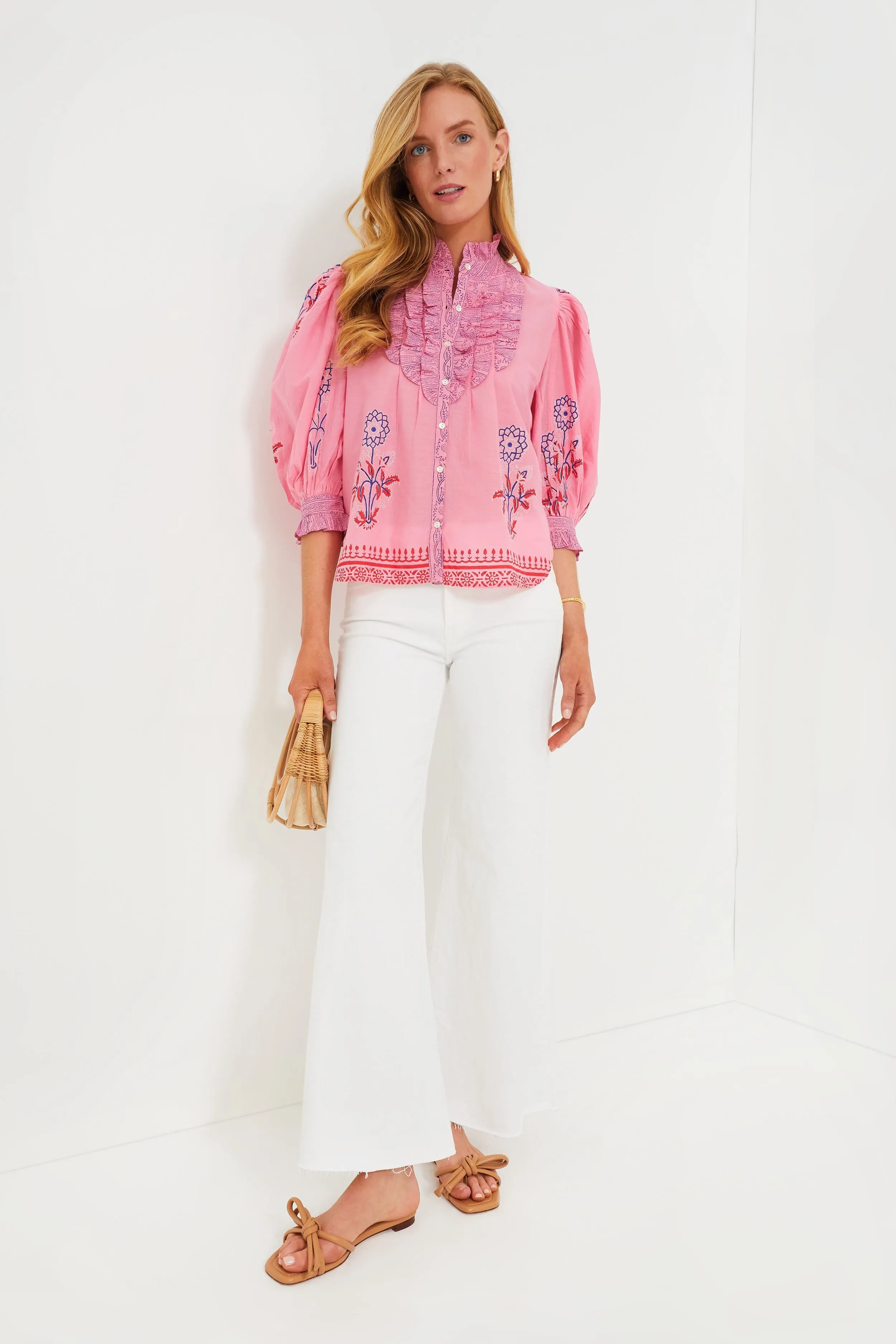 Boca Pink Ruffle Front Button Blouse