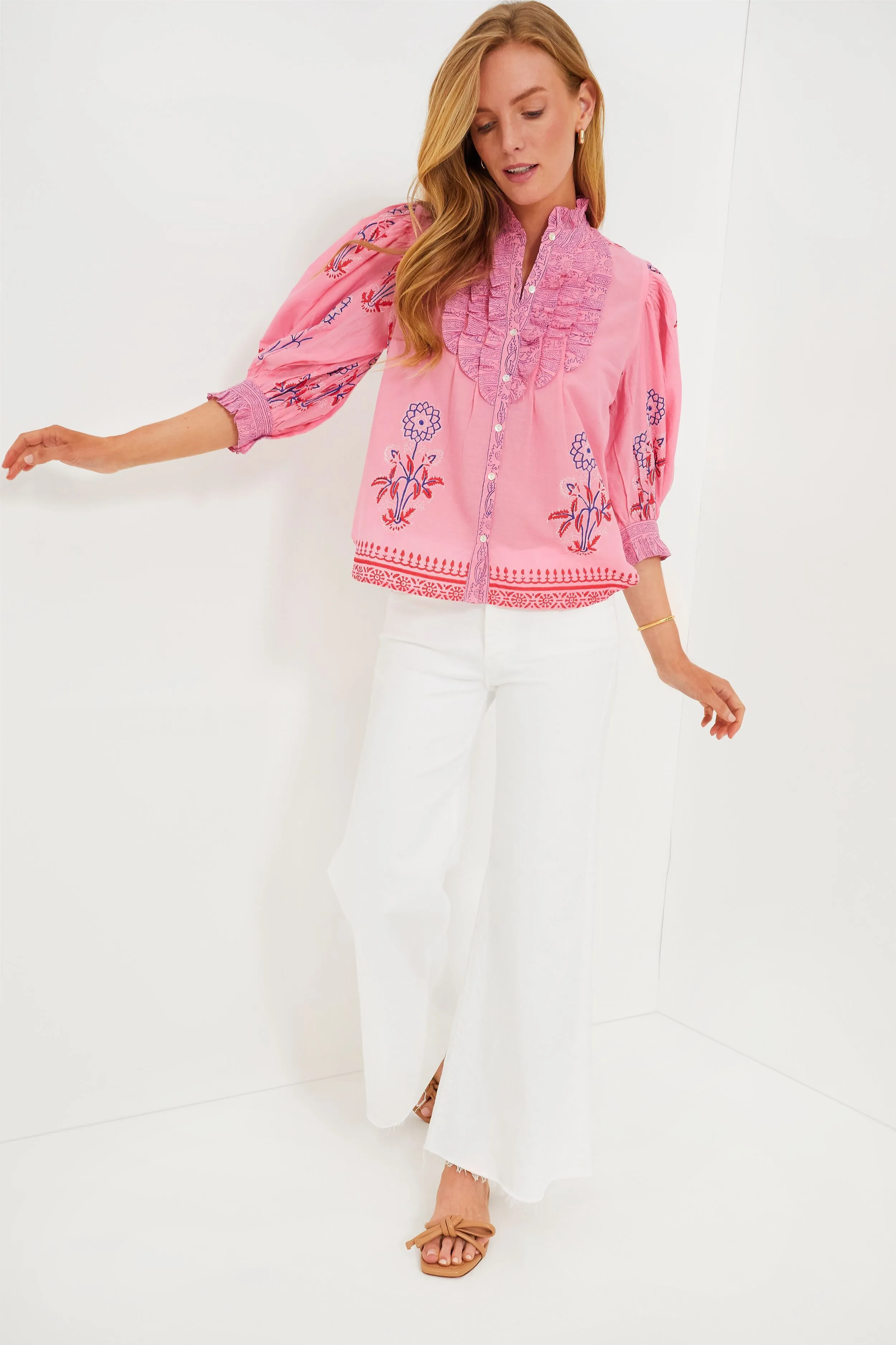 Boca Pink Ruffle Front Button Blouse