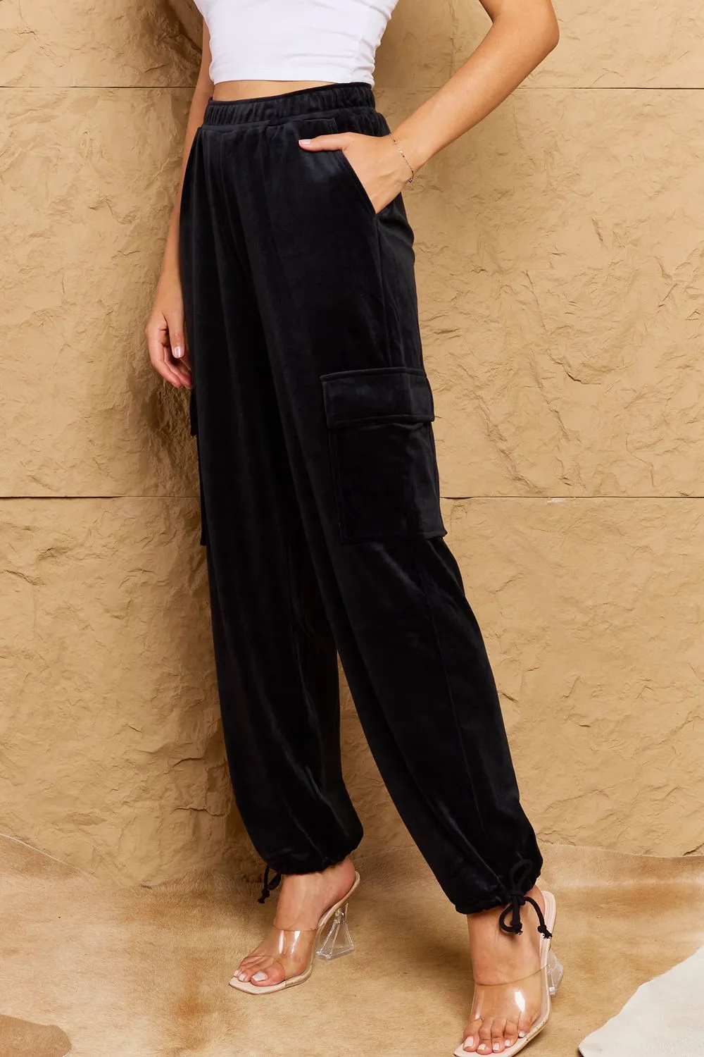 Boho Hyfve Chic For Days High Waist Drawstring Cargo Pants in Black