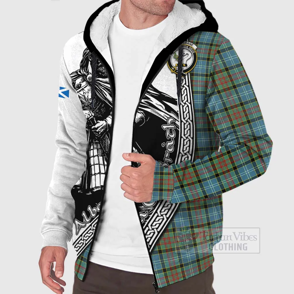 Brisbane Tartan Clan Crest Sherpa Hoodie with Highlander Warrior Celtic Style