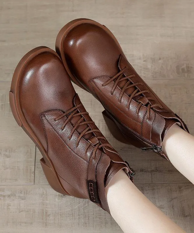 Brown Cowhide Leather Boots Cross Strap Ankle boots