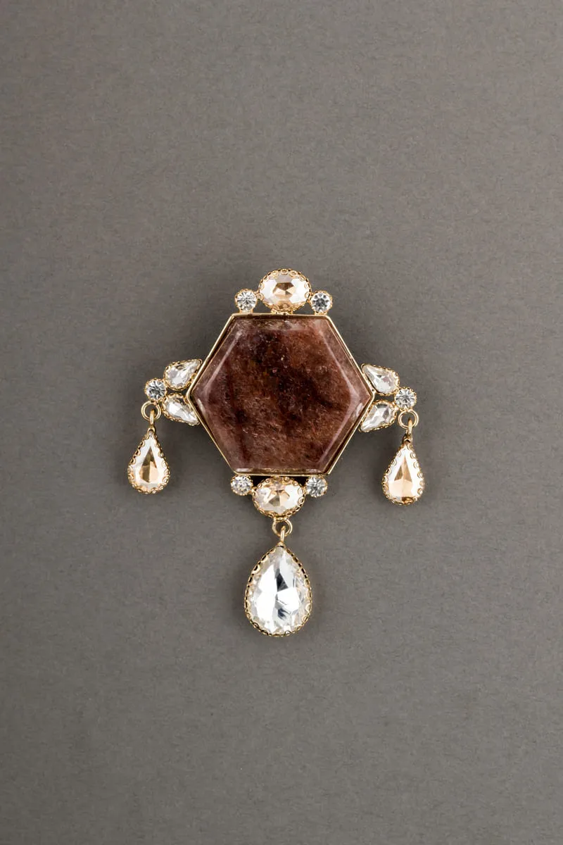 Brown Hexagonal Resin And Crystal Brooch