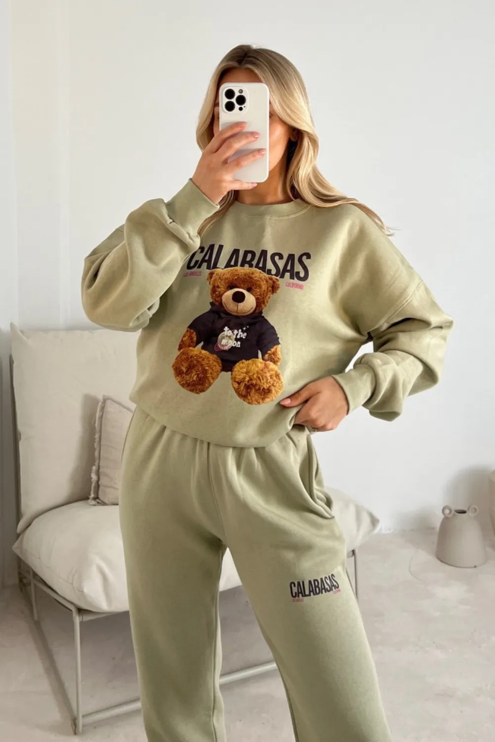 Calabasas bear sage printed sweater joggers premium loungewear