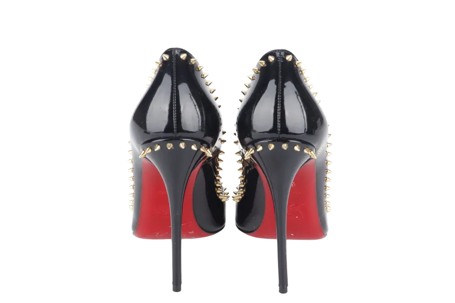 CHRISTIAN LOUBOUTIN ANJALINA 120 BLACK PATENT STUDDED HIGH HEEL 37.5