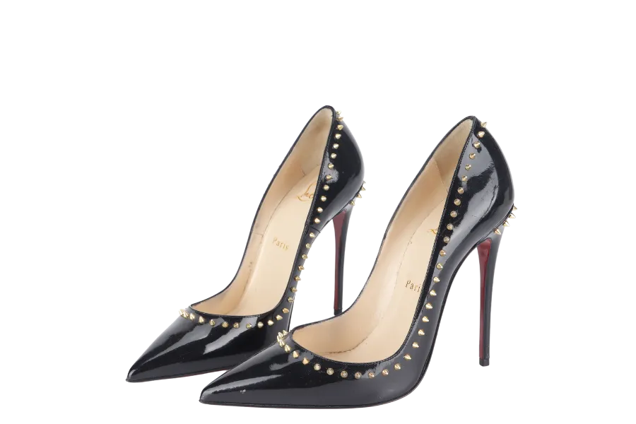 CHRISTIAN LOUBOUTIN ANJALINA 120 BLACK PATENT STUDDED HIGH HEEL 37.5