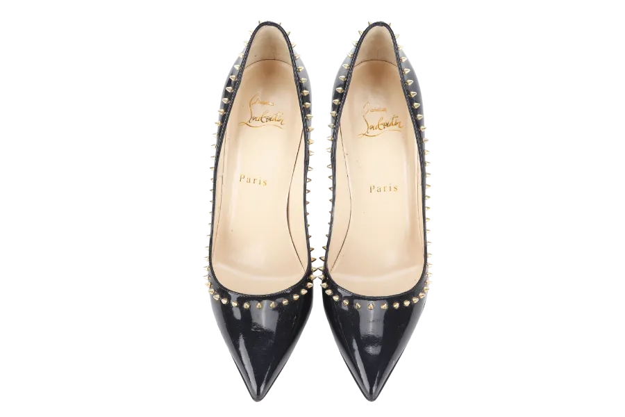 CHRISTIAN LOUBOUTIN ANJALINA 120 BLACK PATENT STUDDED HIGH HEEL 37.5