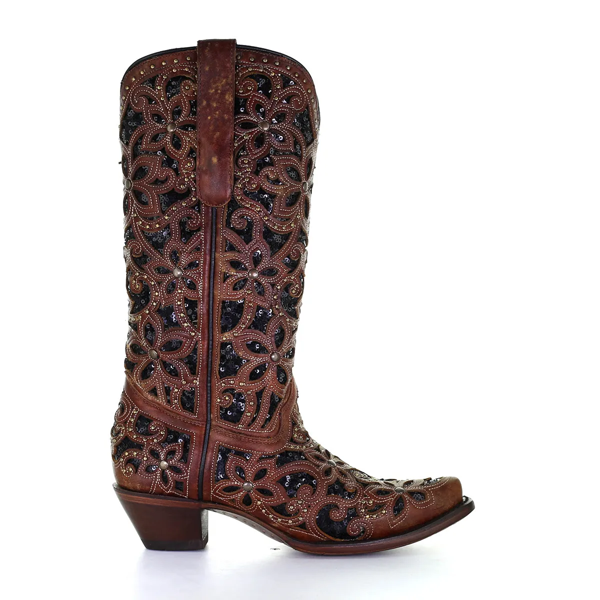 Corral | Black Inlay Embroidery & Studs | Snip Toe | Tan