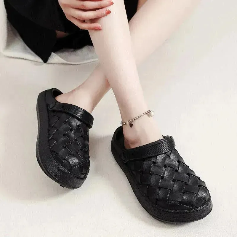 Cross-woven Clogs Shoes Summer Platform Baotou Dual-use Slippers Outdoor Garden Indoor Floor Bathroom Cozy Slipper Women House Shoes