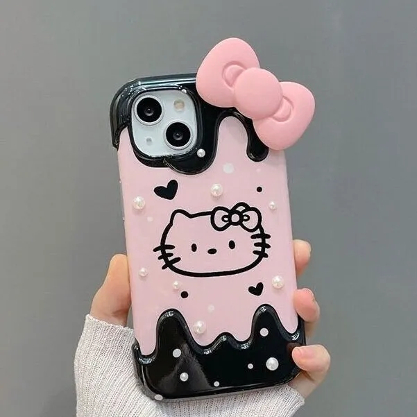 Cute Kawaii Hello Kitty Cartoon Studded White Pearls Pink Bow Design Protective Shockproof iPhone Case for iPhone 11 12 13 14 Pro Max Case