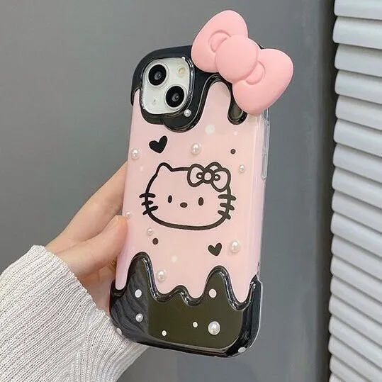 Cute Kawaii Hello Kitty Cartoon Studded White Pearls Pink Bow Design Protective Shockproof iPhone Case for iPhone 11 12 13 14 Pro Max Case