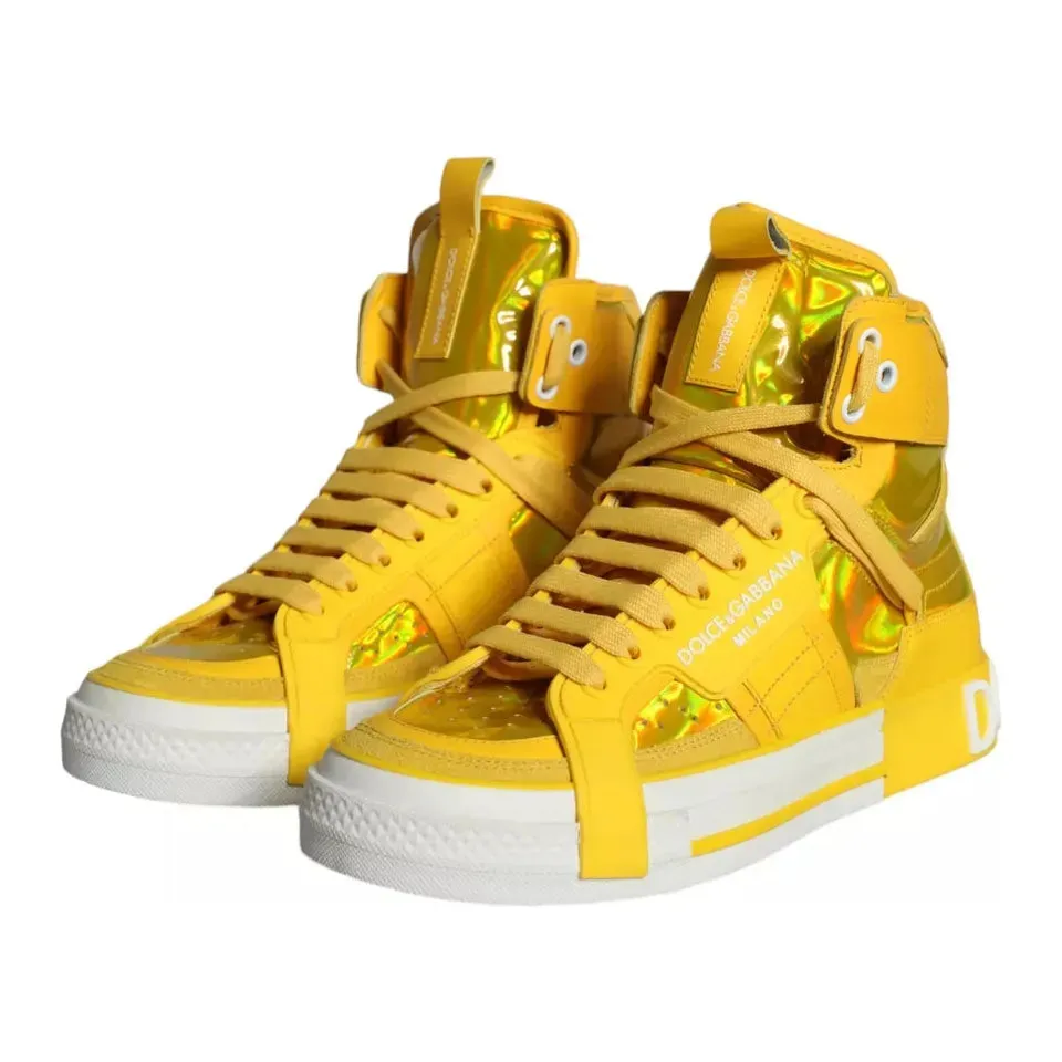 Dolce & Gabbana Yellow White Leather High Top Sneakers Shoes