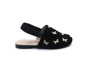 Don Louis Black Velvet Gold Butterfly Embroidered Sling Back