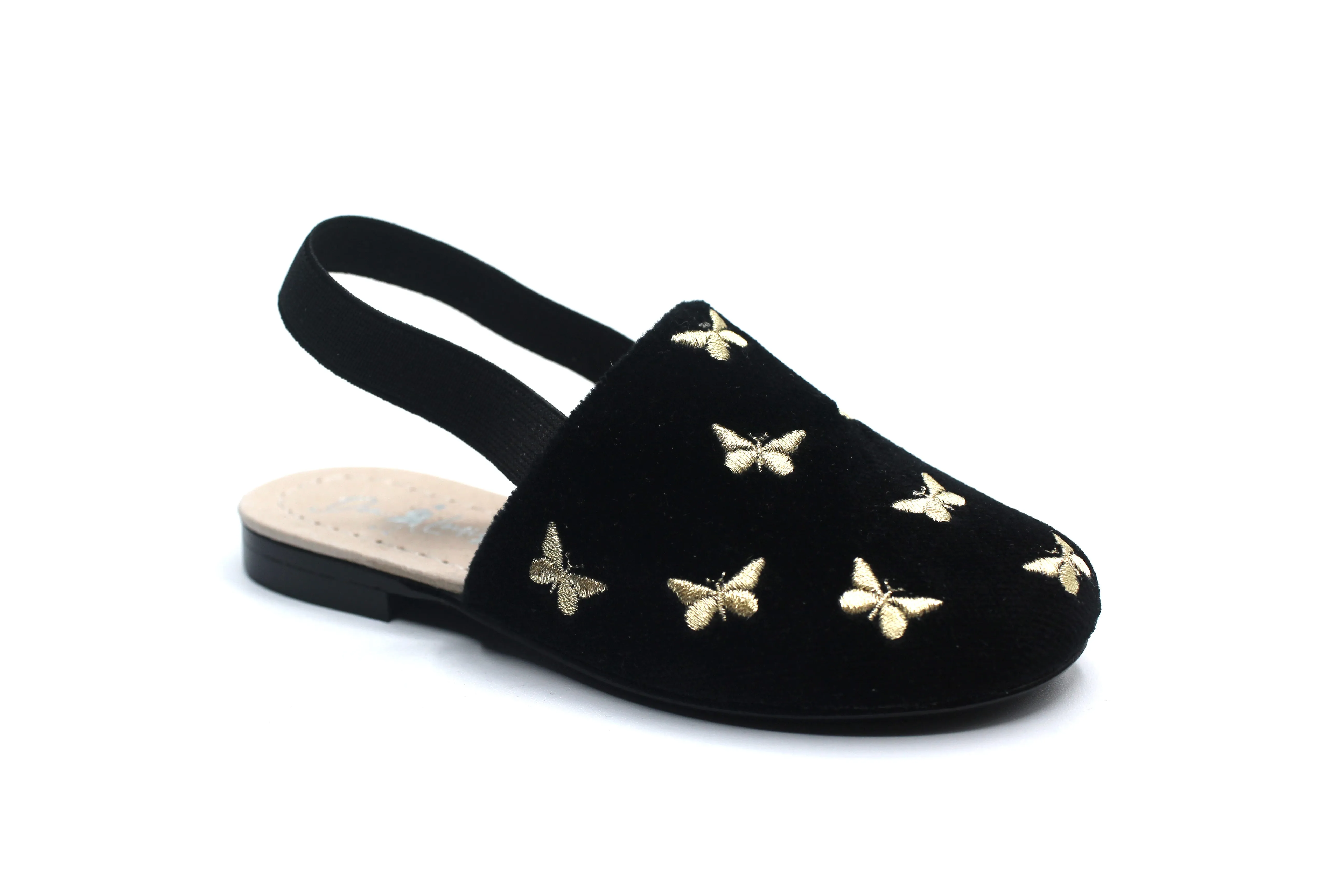 Don Louis Black Velvet Gold Butterfly Embroidered Sling Back